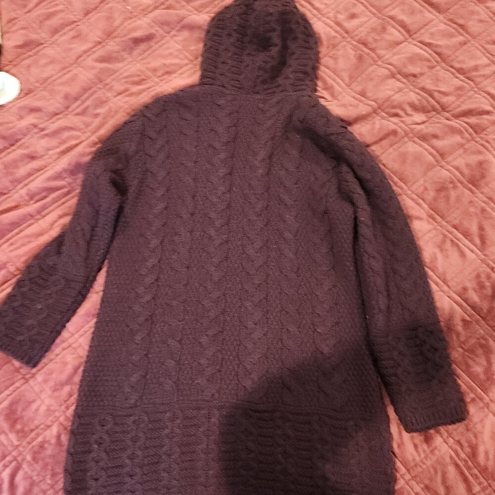 Hooded Cardigan Aran Crafts Wine Cable Knit Merino Wool 2way Zip Sweater S - Picture 7 of 11